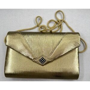 Vintage Gold Metallic Envelope Clutch Evening Bag Rhinestones Rope Strap Party